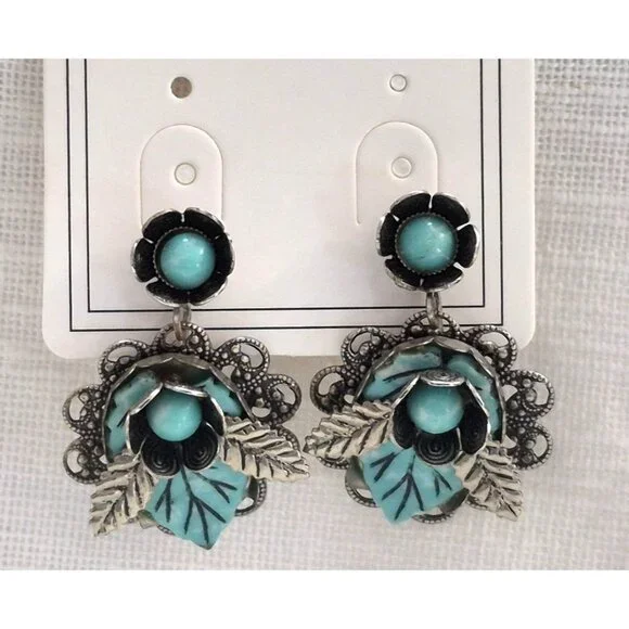 Vintage Screw Back Filigree Earrings Floral Turquoise Antique Silver Tone - Picture 2 of 8